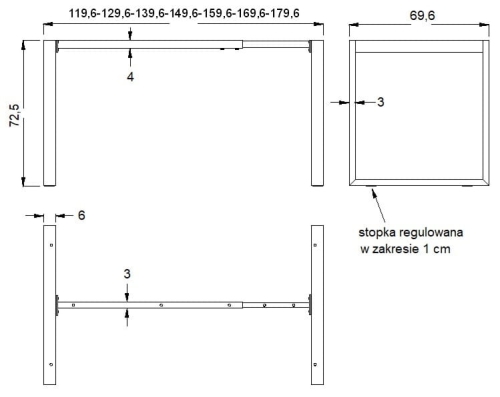 Stelaż ramowy stołu NY-131A/70, regulowany 120-180 cm, kolor biały - dimensions-70-PL.JPG