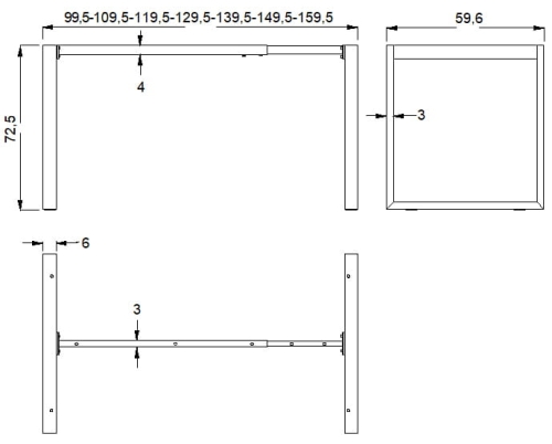 Stelaż ramowy stołu NY-131A/60, regulowany 100-160 cm, kolor czarny - NY-131A wymiary.jpg