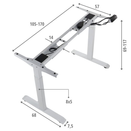 Dwusilnikowy stelaż metalowy biurka (stołu) z elektryczną regulacją wysokości, elektryczny PRATO 04-2T/W  BIAŁY - dimensions.png