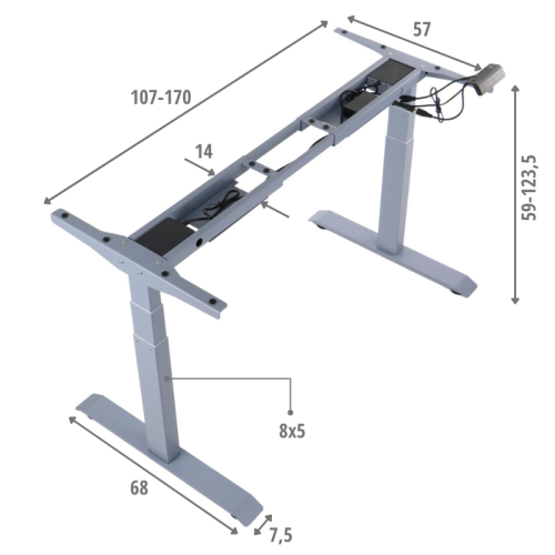 Dwusilnikowy stelaż metalowy biurka (stołu) z elektryczną regulacją wysokości, elektryczny PRATO 04-3T/A SZARY - dimensions.png