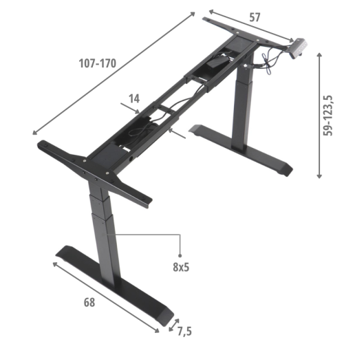 Dwusilnikowy stelaż metalowy biurka (stołu) z elektryczną regulacją wysokości, elektryczny PRATO 04-3T/B  CZARNY - dimensions.png