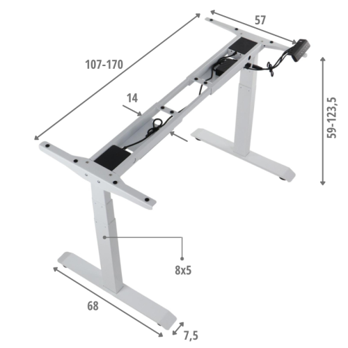 Dwusilnikowy stelaż metalowy biurka (stołu) z elektryczną regulacją wysokości, elektryczny PRATO 04-3T/W BIAŁY - dimensions.png