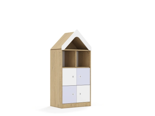 Regał Blox Colours 70 3PP 4F1 z daszkiem 706x466x1575 korpus dąb/2x front biały i 2x front pastelowy fioletowy