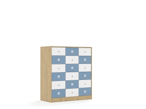 Regał Blox Colours 110 3PP 12SB 6SS 1049x466x1165 korpus dąb/9x szuflada biała i 9x szuflada pastelowa niebieska