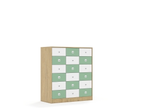 Regał Blox Colours 110 3PP 12SB 6SS 1049x466x1165 korpus dąb/9x szuflada biała i 9x szuflada pastelowa zielona