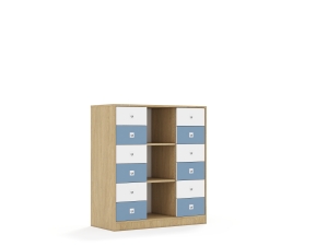 Regał Blox Colours 110 3PP 12SB 1049x466x1165 korpus dąb/6x szuflada biała i 6x szuflada pastelowa niebieska