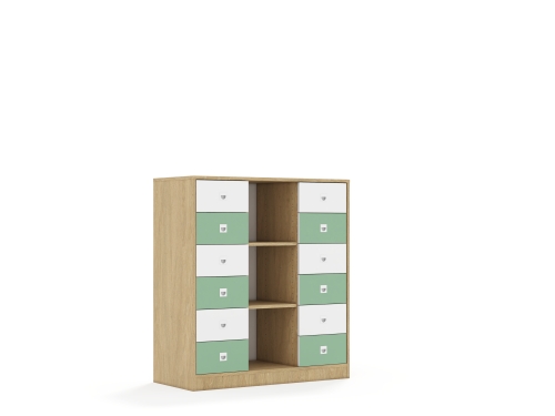 Regał Blox Colours 110 3PP 12SB 1049x466x1165 korpus dąb/6x szuflada biała i 6x szuflada pastelowa zielona - 37574276faf40e3c61d52e98140a2ede