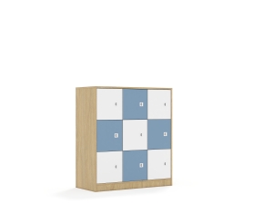 Szafa Blox Colours 110 3PP 9F1 1049x466x1165 korpus dąb/5x front biały i 4x front pastelowy niebieski