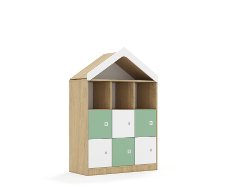 Regał Blox Colours 110 3PP 6F1 z daszkiem 1049x466x1575 korpus dąb/3x front biały i 3x front pastelowy zielony