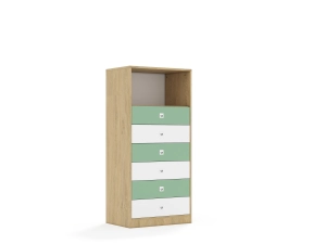 Regał Blox Colours 70 4P 6S 706x466x1517 korpus dąb/3x szuflada biała i 3x szuflada pastelowa zielona