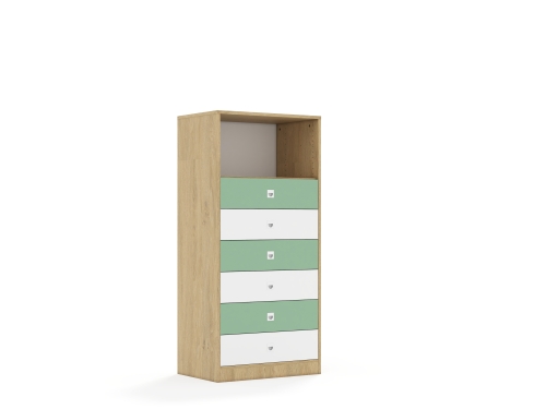 Regał Blox Colours 70 4P 6S 706x466x1517 korpus dąb/3x szuflada biała i 3x szuflada pastelowa zielona