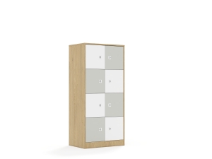 Regał Blox Colours 70 4PP 8F1 706x466x1517 korpus dąb/4x front biały i 4x front jasny szary