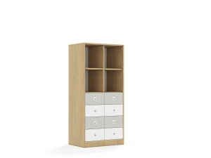 Regał Blox Colours 70 4PP 8SB 706x466x1517 korpus dąb/4x szuflada biała i 4x szuflada jasna szara