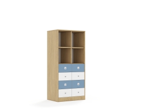 Regał Blox Colours 70 4PP 8SB 706x466x1517 korpus dąb/4x szuflada biała i 4x szuflada pastelowa niebieska