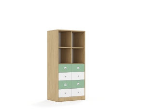 Regał Blox Colours 70 4PP 8SB 706x466x1517 korpus dąb/4x szuflada biała i 4x szuflada pastelowa zielona