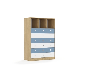 Regał Blox Colours 110 4PP 12SB 6SS 1049x466x1517 korpus dąb/9x szuflada biała i 9x szuflada pastelowa niebieska