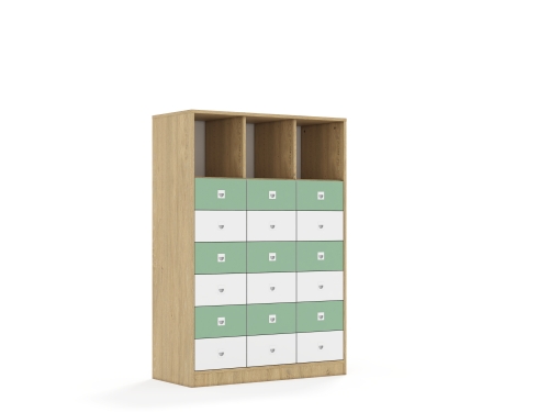 Regał Blox Colours 110 4PP 12SB 6SS 1049x466x1517 korpus dąb/9x szuflada biała i 9x szuflada pastelowa zielona