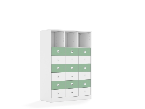 Regał Blox Colours 110 4PP 12SB 6SS 1049x466x1517 korpus biały/9x szuflada biała i 9x szuflada pastelowa zielona