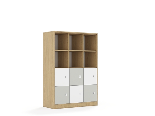 Regał Blox Colours 110 4PP 6F1 1049x466x1517 korpus dąb/3x front biały i 3x front jasny szary