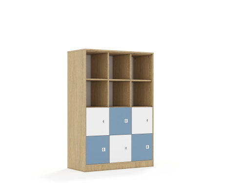 Regał Blox Colours 110 4PP 6F1 1049x466x1517 korpus dąb/3x front biały i 3x front pastelowy niebieski