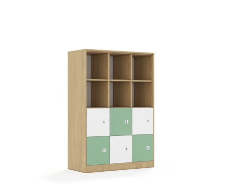 Regał Blox Colours 110 4PP 6F1 1049x466x1517 korpus dąb/3x front biały i 3x front pastelowy zielony