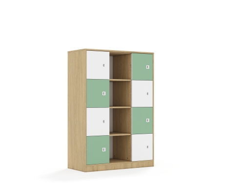 Regał Blox Colours 110 4PP 8F1 1049x466x1517 korpus dąb/4x front biały i 4x front pastelowy zielony