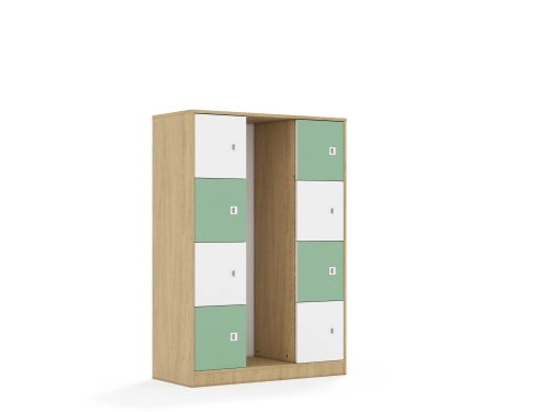 Regał na pojemniki Blox Colours 110 4PG 8F1 1049x466x1517 korpus dąb/4x front biały i 4x front pastelowy zielony