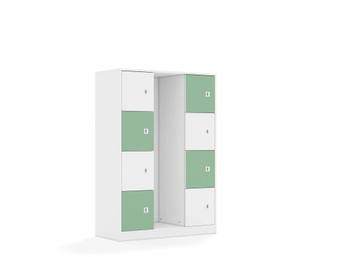 Regał na pojemniki Blox Colours 110 4PG 8F1 1049x466x1517 korpus biały/4x front biały i 4x front pastelowy zielony