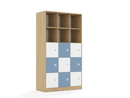 Regał Blox Colours 110 5PP 9F1 1049x466x1869 korpus dąb/5x front biały i 4x front pastelowy niebieski