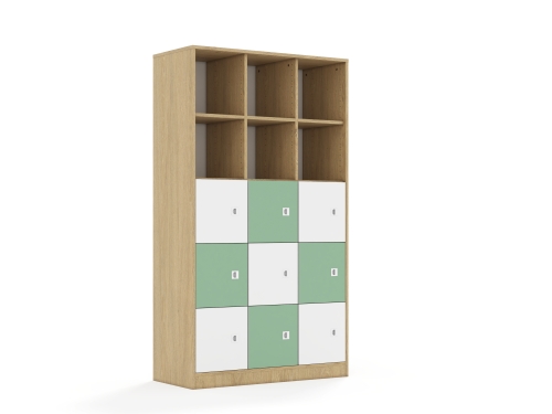 Regał Blox Colours 110 5PP 9F1 1049x466x1869 korpus dąb/5x front biały i 4x front pastelowy zielony