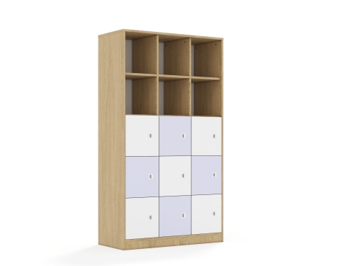 Regał Blox Colours 110 5PP 9F1 1049x466x1869 korpus dąb/5x front biały i 4x front pastelowy fioletowy