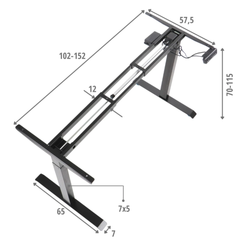 Stelaż z elektryczną regulacją wysokości UT01E-2T/B wys. 70-115 cm jednosilnikowy czarny - Stelaż UT01E wymiary.png