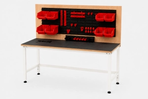 Stół warsztatowy Blox Frame z nadstawką i modułem zasilającym 1200 x 600 mm, rozmiar 4-6, blat pokryty tworzywem polipropylenowy