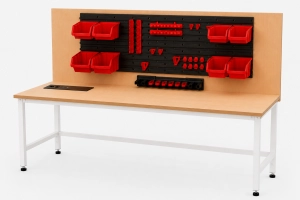Stół warsztatowy Blox Frame z nadstawką 1600 x 600 mm, z modułem zasilającym, rozmiar 4-6, blat melaminowany