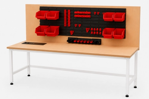 Stół warsztatowy z nadstawką i modułem zasilającym 1600x600 mm, stelaż RAL9010, blat brzoza - perspektywa.png