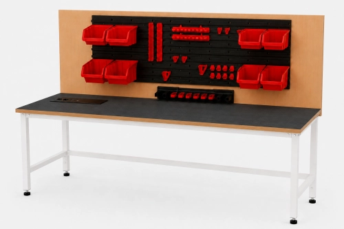 Stół warsztatowy z nadstawką i modułem zasilającym 1600x600 mm, stelaż RAL9010, blat antracyt - perspektywa.png