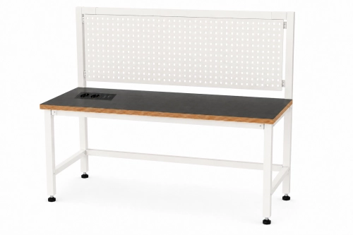 Stół warsztatowy z nadstawką metalową i modułem zasilającym 1200x600 mm, stelaż RAL9010, blat antracyt - perspektywa.png