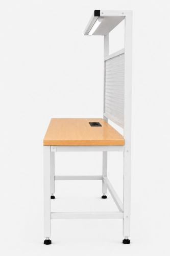 Stół warsztatowy z nadstawką metalową, modułem zasilającym i oświetleniem 1600x600 mm, RAL9010, blat brzoza - bok.png