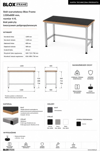 Stół warsztatowy Blox Frame 1200x600 mm, rozmiar 4-6, blat pokryty tworzywem polipropylenowym - Karta techniczna.png