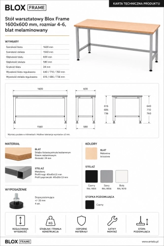 Stół warsztatowy Blox Frame 1600x600 mm, rozmiar 4-6, blat melaminowany - Karta techniczna.png