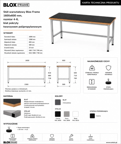 Stół warsztatowy Blox Frame 1600x600 mm, rozmiar 4-6, blat pokryty tworzywem polipropylenowym - Karta techniczna.png