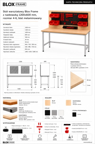 Stół warsztatowy Blox Frame z nadstawką 1200x600 mm, rozmiar 4-6, blat melaminowany - Karta techniczna.png
