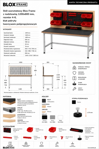 Stół warsztatowy Blox Frame z nadstawką 1200x600 mm, rozmiar 4-6, blat pokryty tworzywem polipropylenowym - Karta techniczna.png