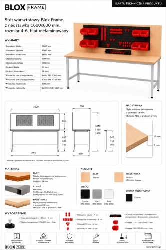 Stół warsztatowy Blox Frame z nadstawką 1600x600 mm, rozmiar 4-6, blat melaminowany - Karta techniczna.png