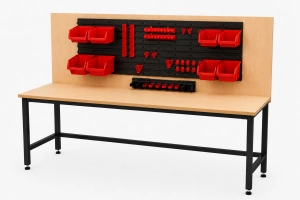 Stół warsztatowy Blox Frame z nadstawką 1600 x 600 mm, rozmiar 4-6, blat melaminowany, stelaż czarny