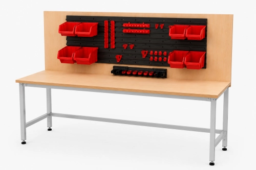 Stół warsztatowy z nadstawką 1600x600 mm, stelaż RAL9006, blat brzoza - perspektywa.png