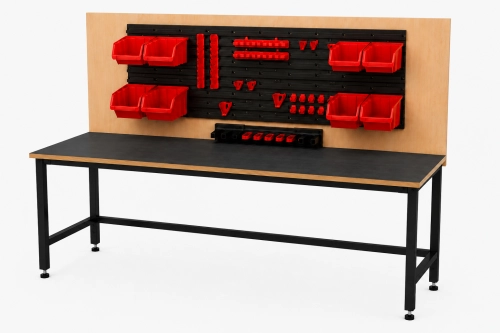 Stół warsztatowy z nadstawką 1600x600 mm, stelaż RAL9005, blat antracyt - perspektywa.png