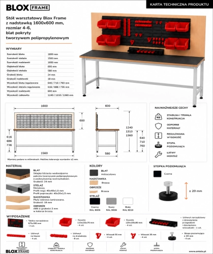 Stół warsztatowy Blox Frame z nadstawką 1600x600 mm, rozmiar 4-6, blat pokryty tworzywem polipropylenowym - Karta techniczna.png