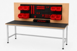 Stół warsztatowy Blox Frame z nadstawką 1600 x 600 mm, rozmiar 4-6, blat pokryty tworzywem polipropylenowym, stelaż szary