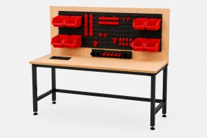 Stół warsztatowy Blox Frame z nadstawką 1200 x 600 mm i modułem zasilającym, rozmiar 4-6, blat melaminowany, stelaż czarny
